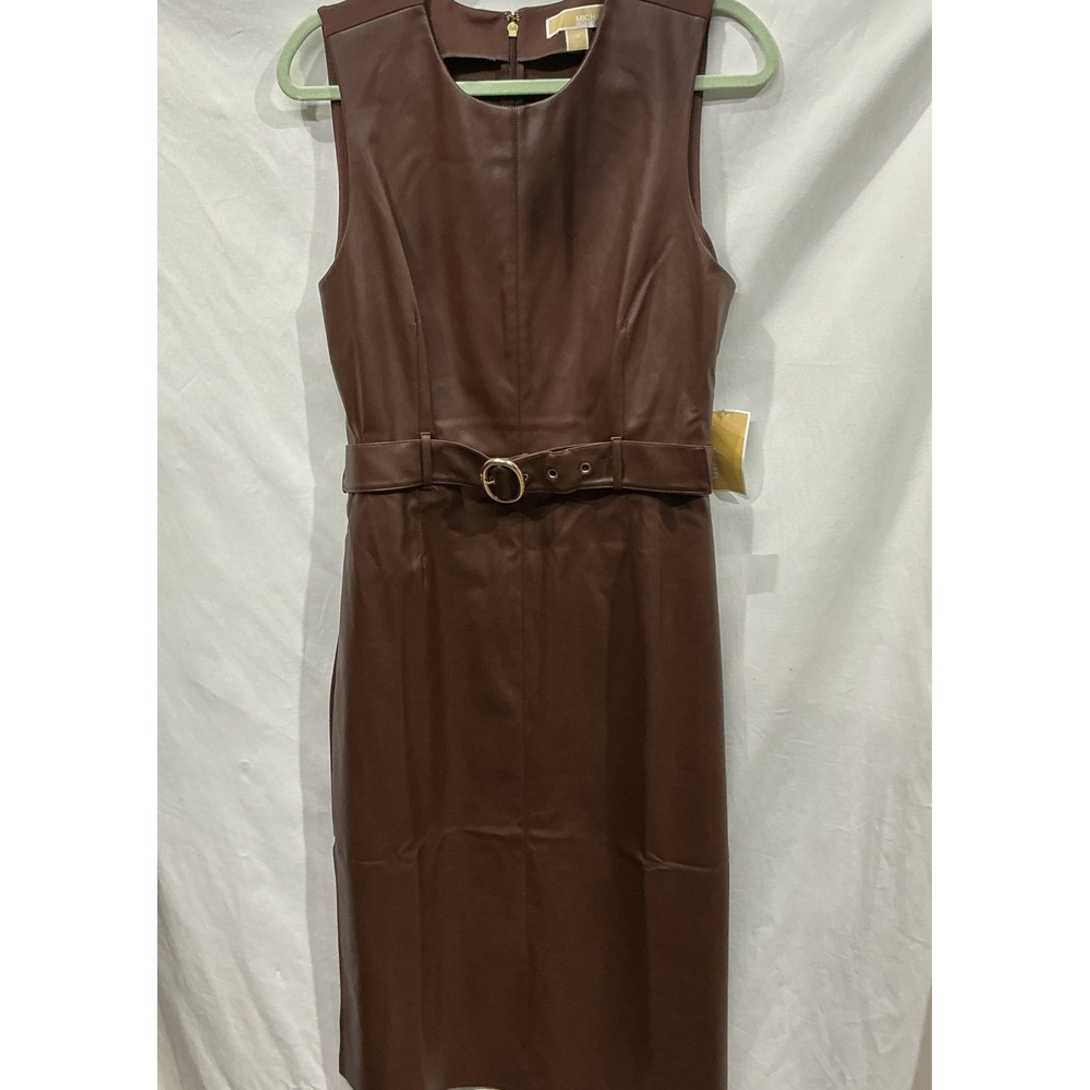 Michael Kors Dark Brown Leather Sleeveless Belted‎ Pencil Dress SZ L NWT